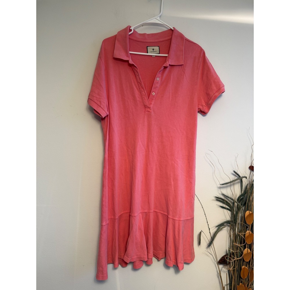 Tuckernuck Womens Coral Pink Pique Knit Ruffle Drop Waist Polo Dress Large‎